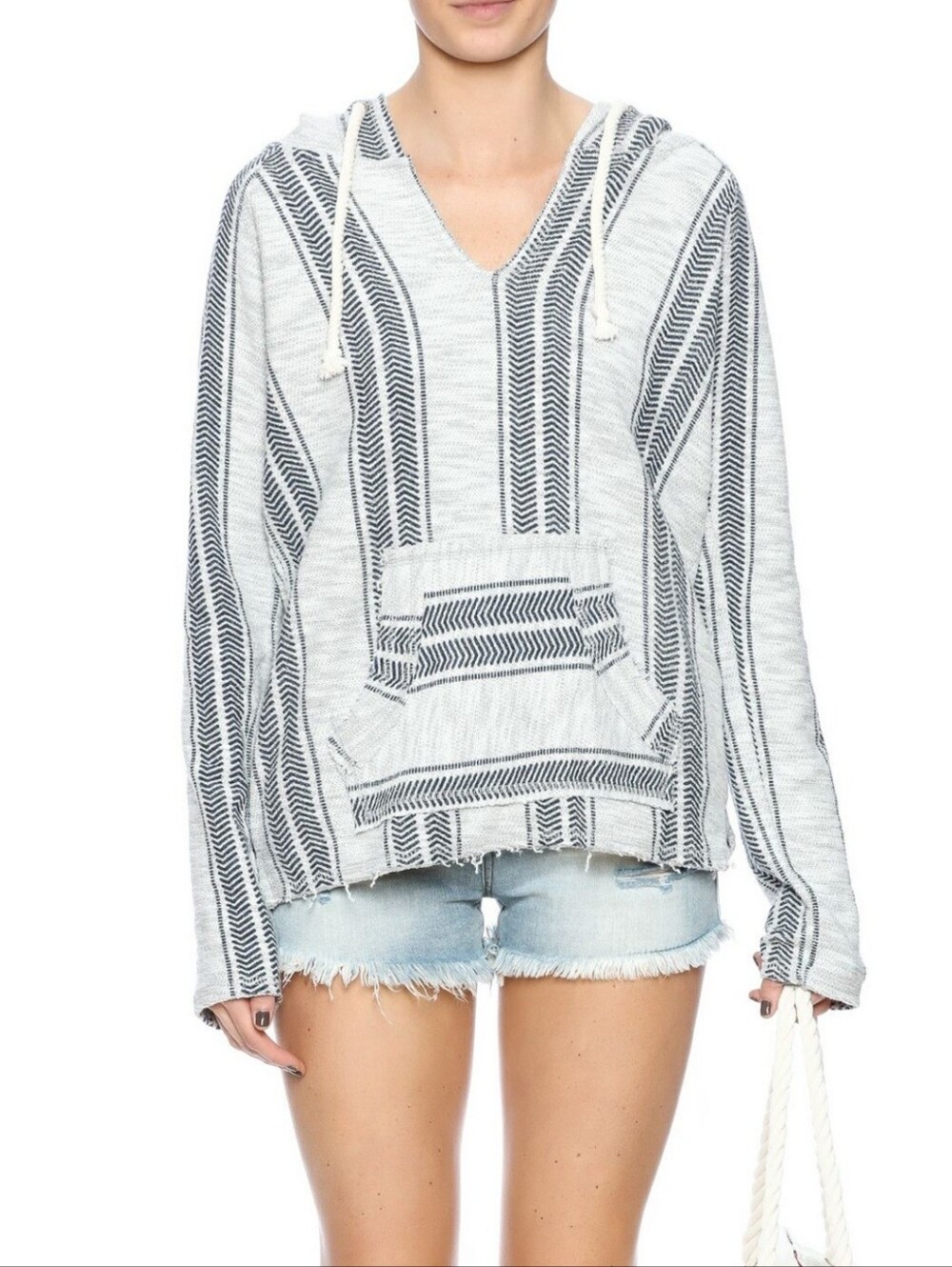 Beach By Exist Striped Hooded Pullover Top - White & Black Sz.XL
